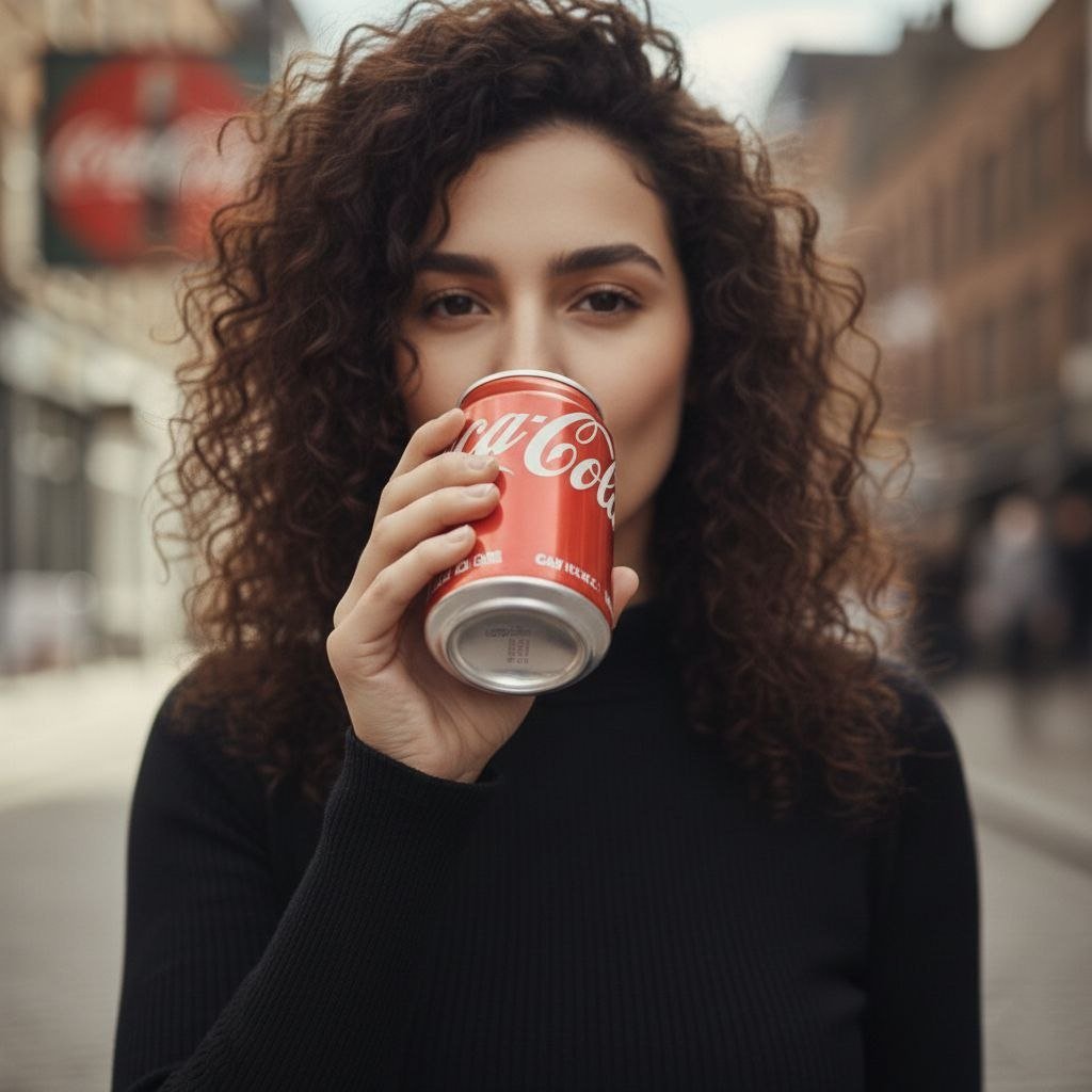 A woman with natural curly hair in a turtleneck, sipping a red soda can, smiling subtly against a blurred city backdrop.