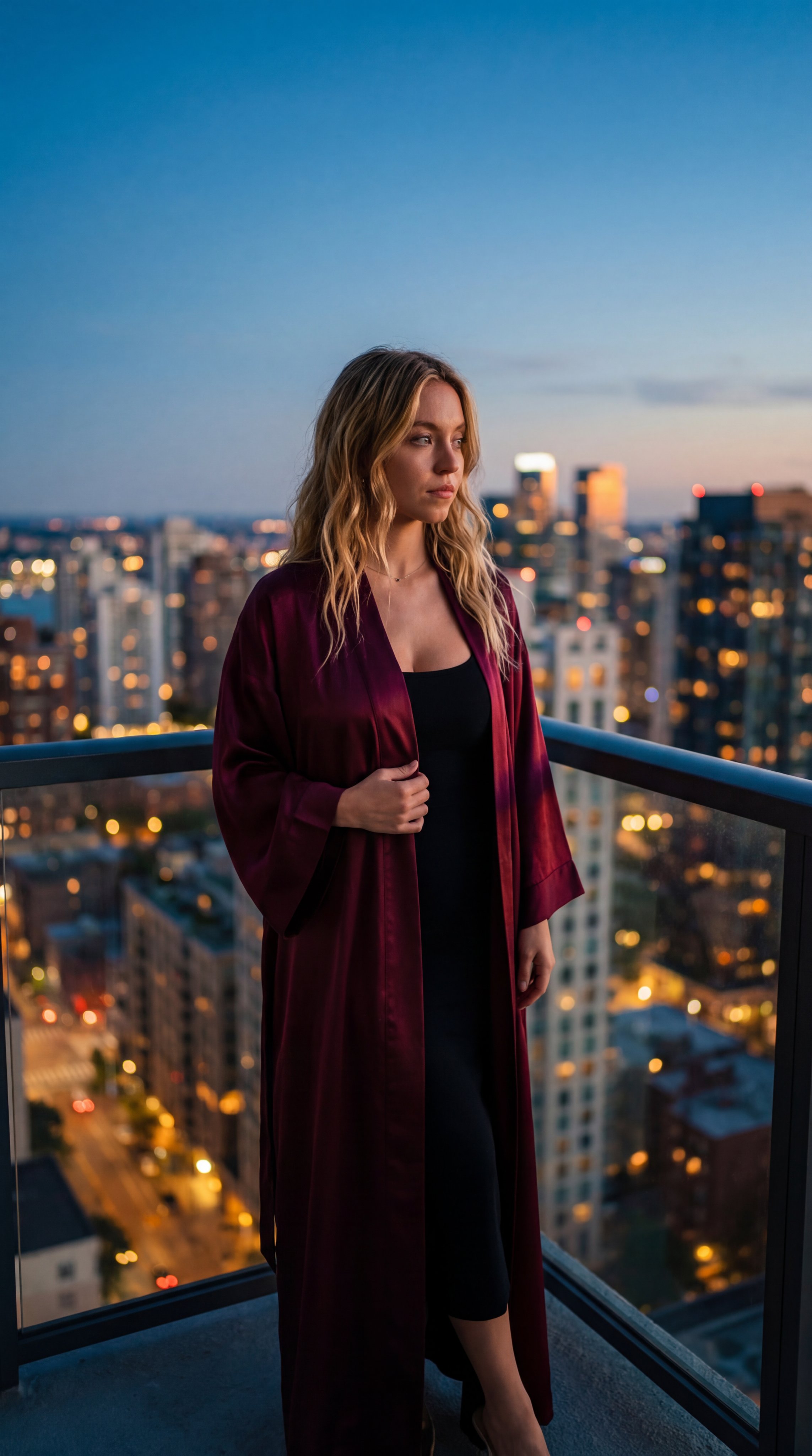 Burgundy Silk Robe City Balcony Dusk Skyline