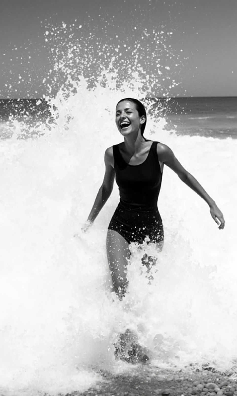 Black And White Medium Shot Photograph Captures Young Woman Emerging