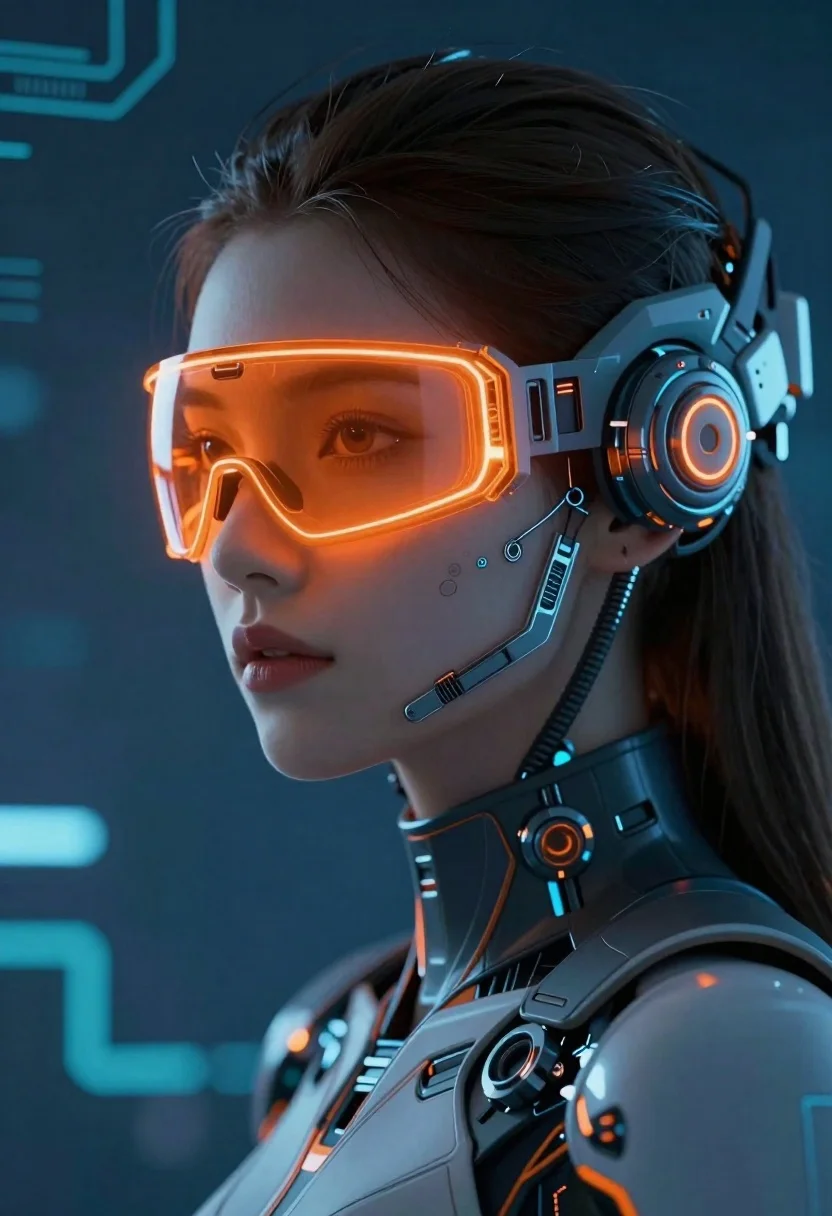Digital Art Close-up Futuristic Female Character With Glowing Orange Mechanical reference photo