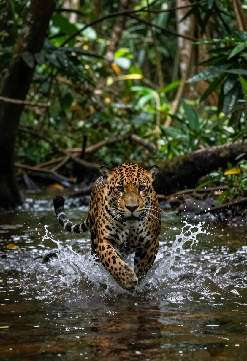 Hyper-realistic Wildlife Action Shot Jaguar Sprinting Through Shallow Water Dense