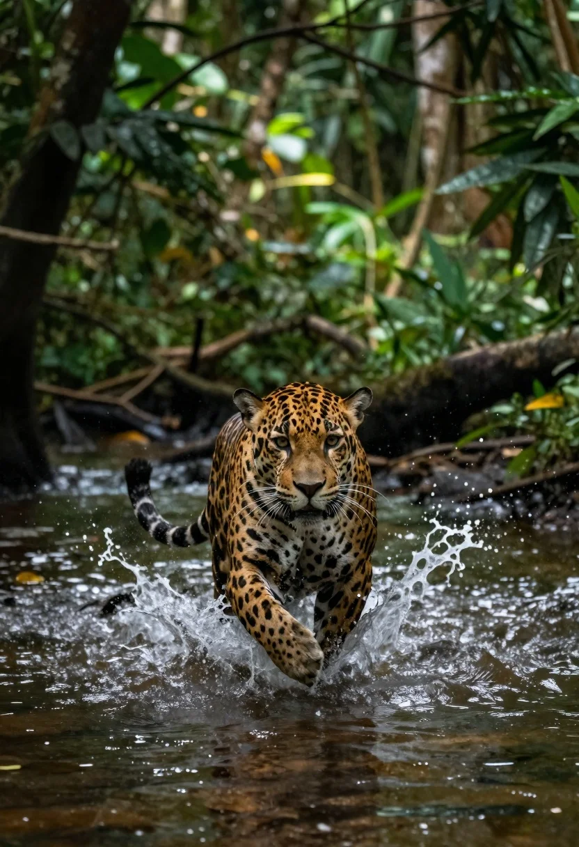 Hyper-realistic Wildlife Action Shot Jaguar Sprinting Through Shallow Water Dense reference photo