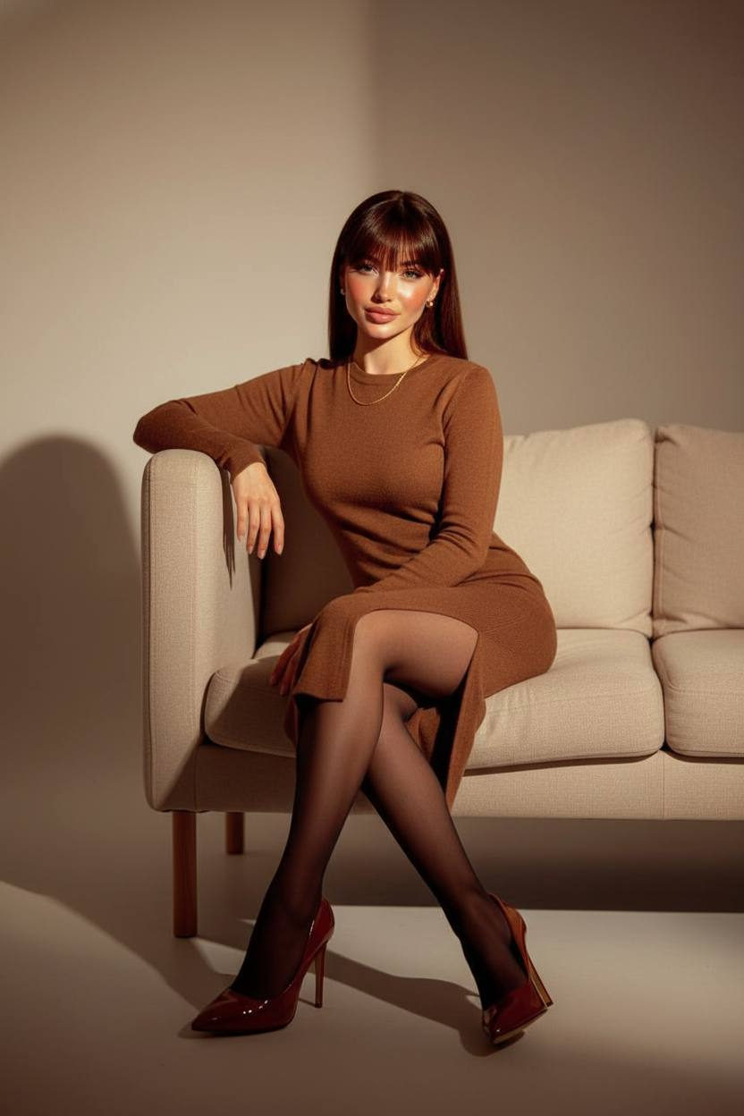 A seated model in a brown knit dress on a beige sofa in a cozy studio with golden light and relaxed expression.