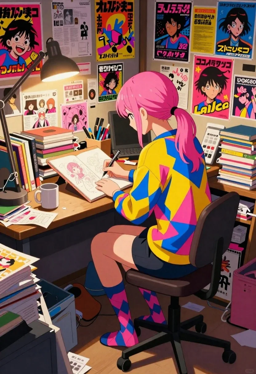 Vibrant Anime-style Interior Scene Cluttered Artist Studio Viewed From Behind reference photo