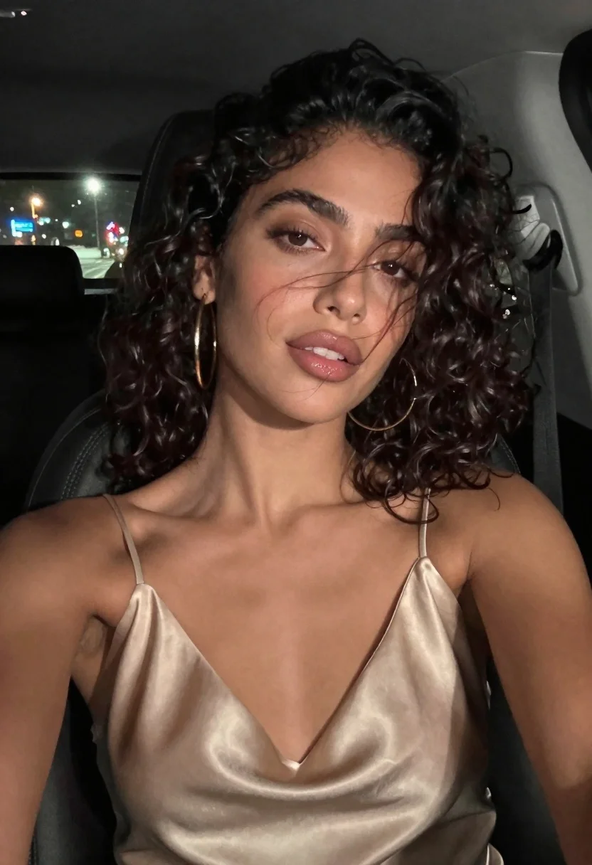 Close-up Selfie Shot Woman With Dark Curly Hair Blowing Gently reference photo