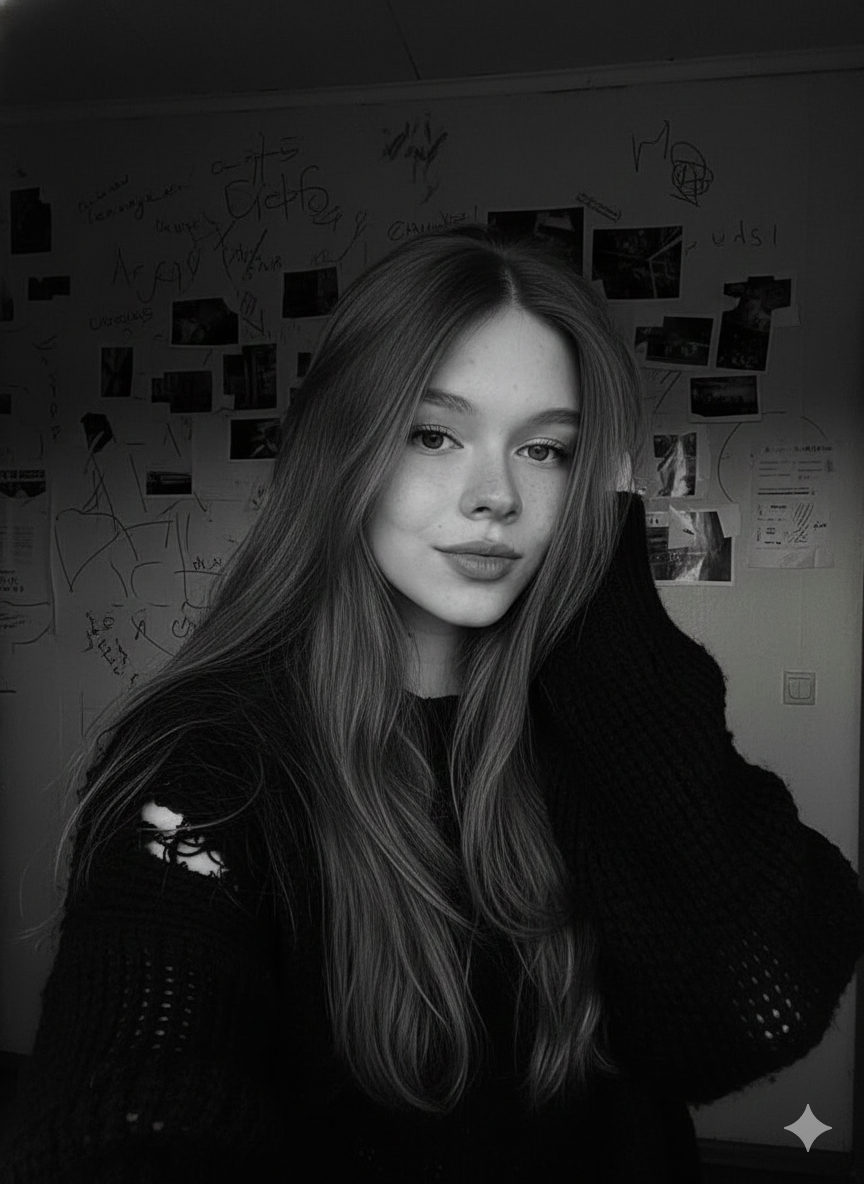 A cinematic portrait featuring a woman in low light, shadows accentuating her messy hair and worn cardigan, surrounded by abstract silhouettes.