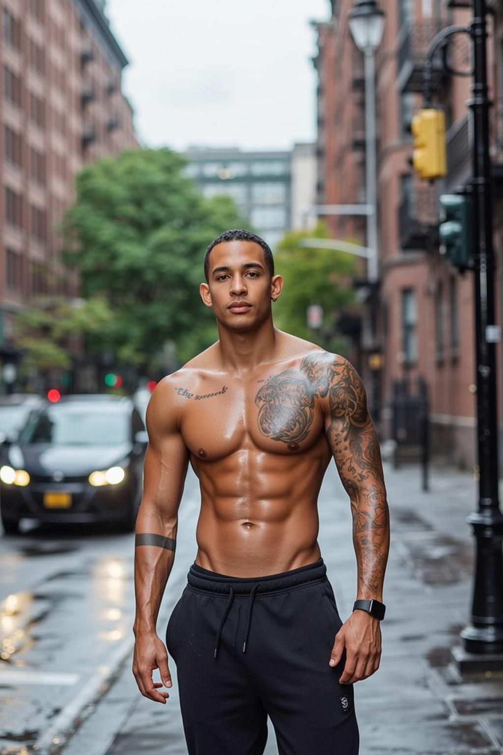 Muscular Short Black Hair Tan Skin Sweatpants