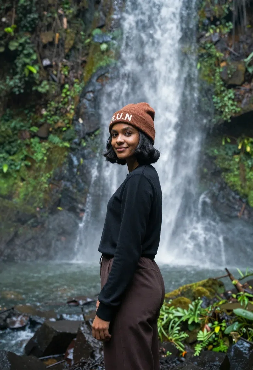 Young Woman Stands Profile Against Backdrop Cascading Waterfall Lush Jungle