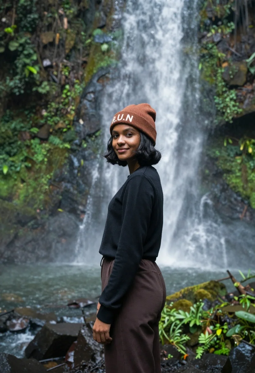 Young Woman Stands Profile Against Backdrop Cascading Waterfall Lush Jungle