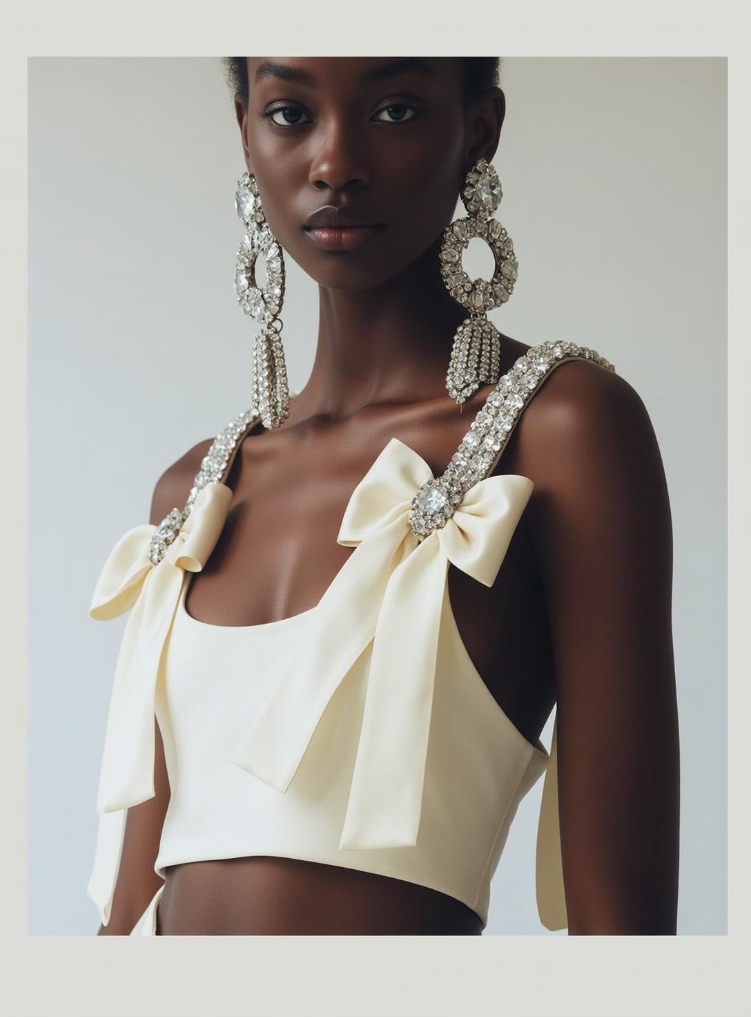 Cream Bow Shoulder Crop Top