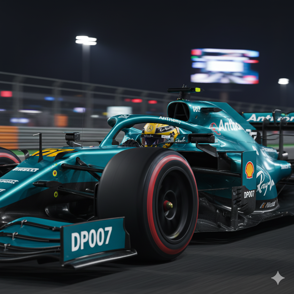 Close-up of a teal Formula 1 race car at night, driver in yellow helmet, dramatic lighting, and visible branding on the sleek car.