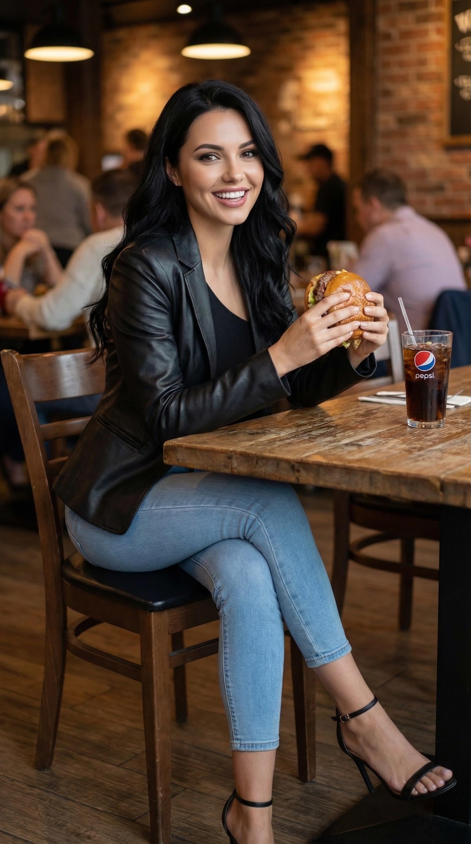 Eating Cheeseburger At Rustic Table Dim Restaurant