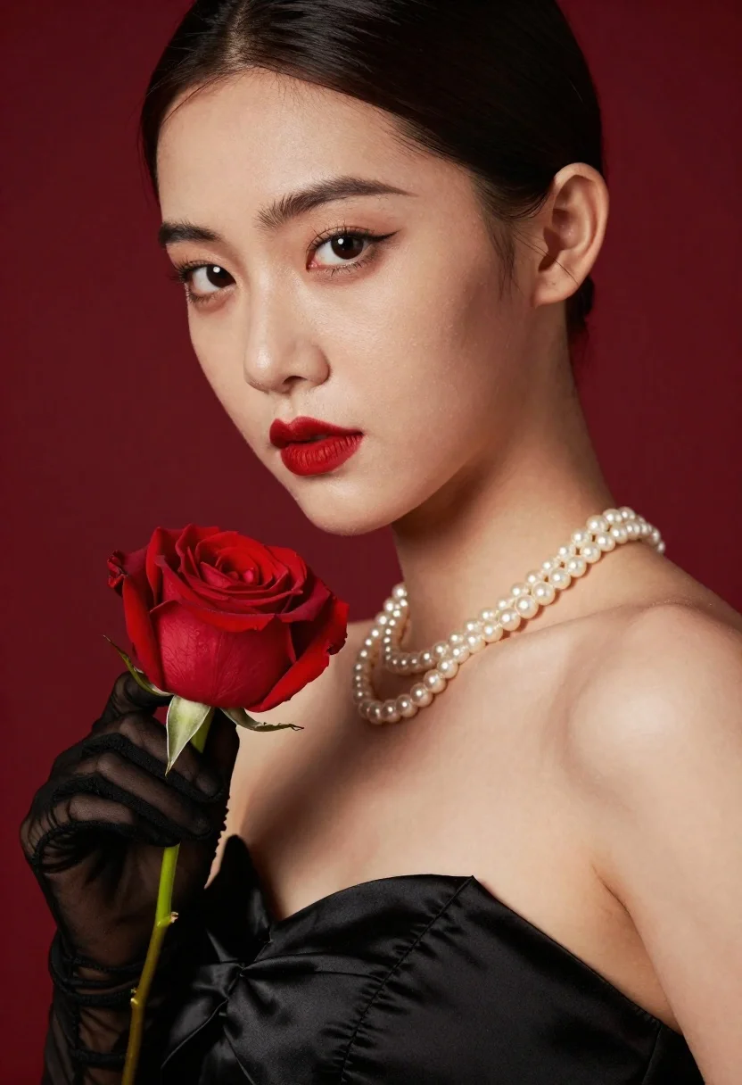 Close-up of a woman's face in the foreground, with a smaller figure behind holding a red rose, featuring dramatic lighting and vibrant colors.