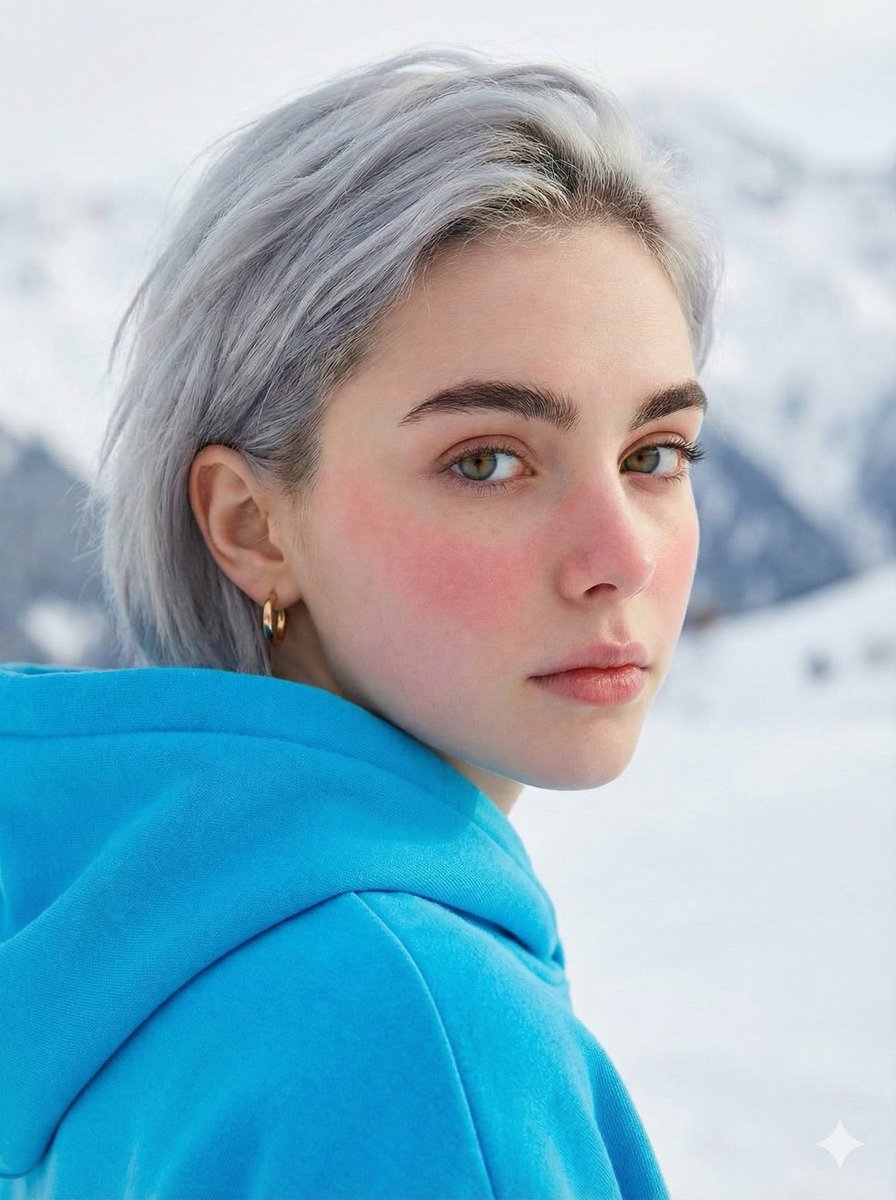 A young woman in her late teens, looking back with calm expression, has fair skin and rosy cheeks.