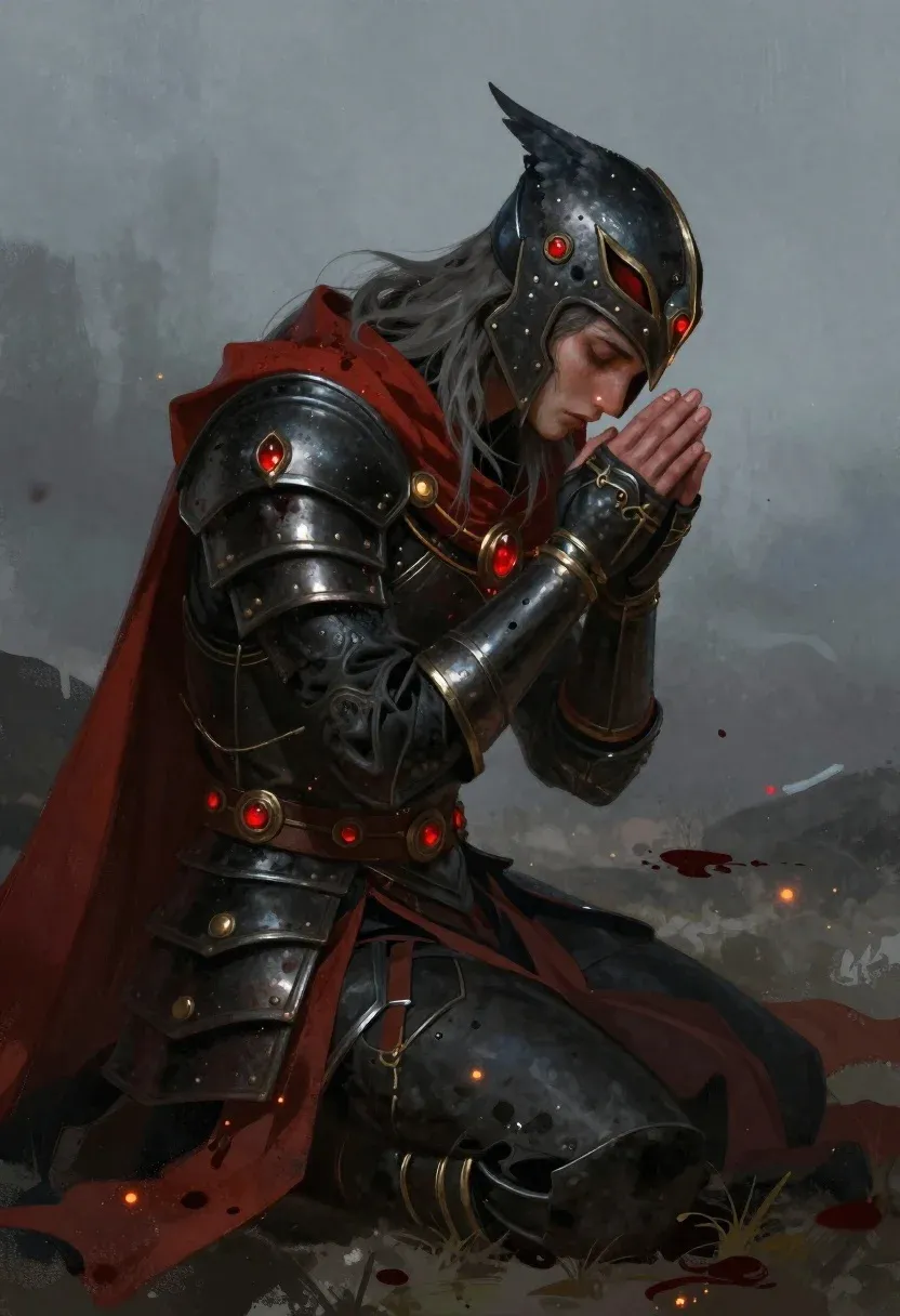 Melancholic Fantasy Warrior Kneeling Profile Wearing Dark Bird-like Helmet With