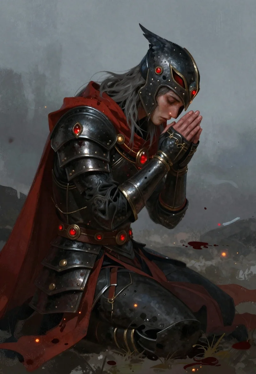 Melancholic Fantasy Warrior Kneeling Profile Wearing Dark Bird-like Helmet With reference photo