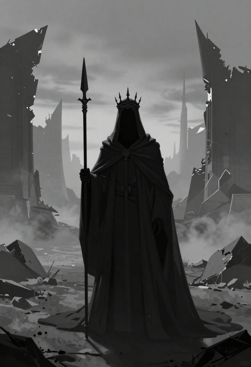 Cinematic Digital Painting Dark Monochrome Scene Depicting Mysterious Hooded Figure reference photo