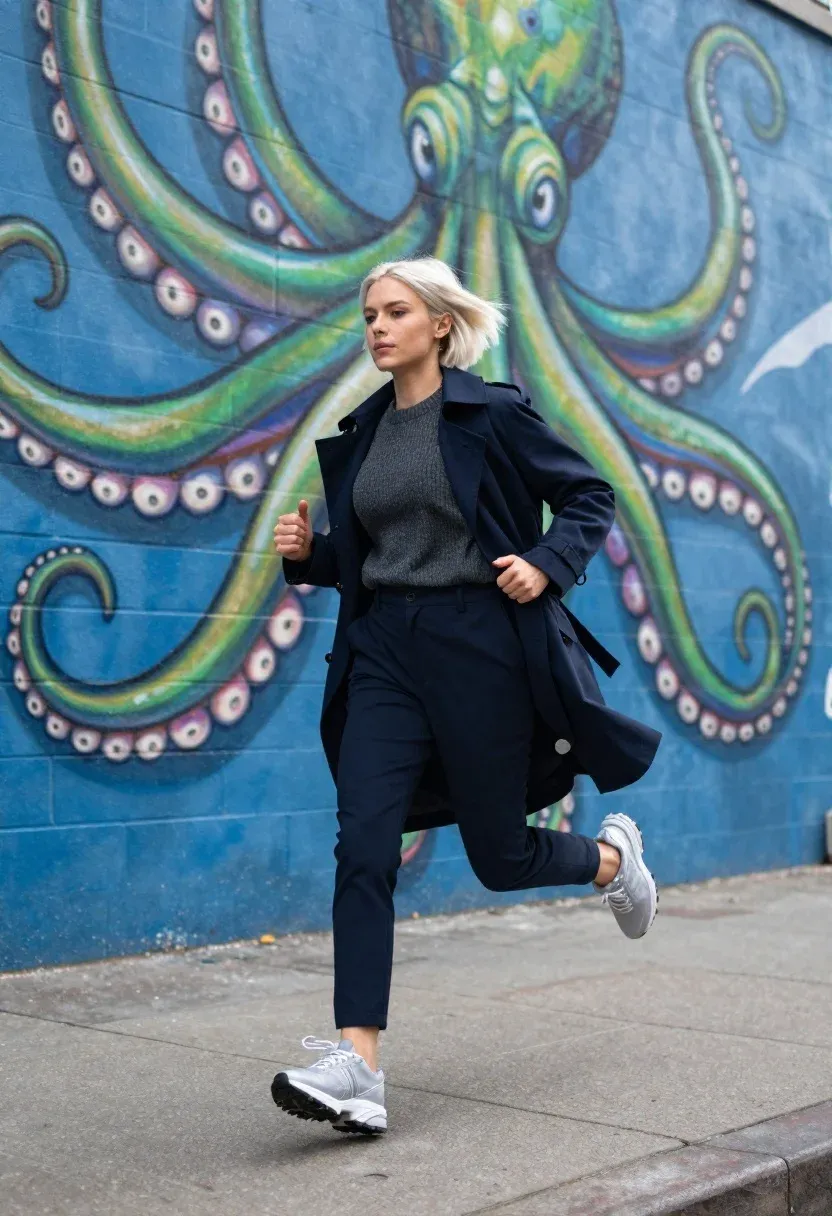 Dynamic Full-body Shot Young Woman With Short Platinum Blonde Hair