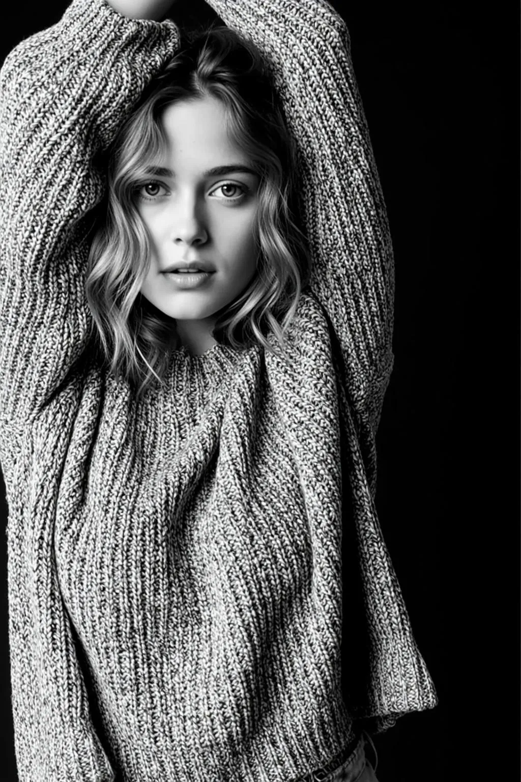 Photorealistic Black And White Portrait Young Woman With Wavy Medium-length