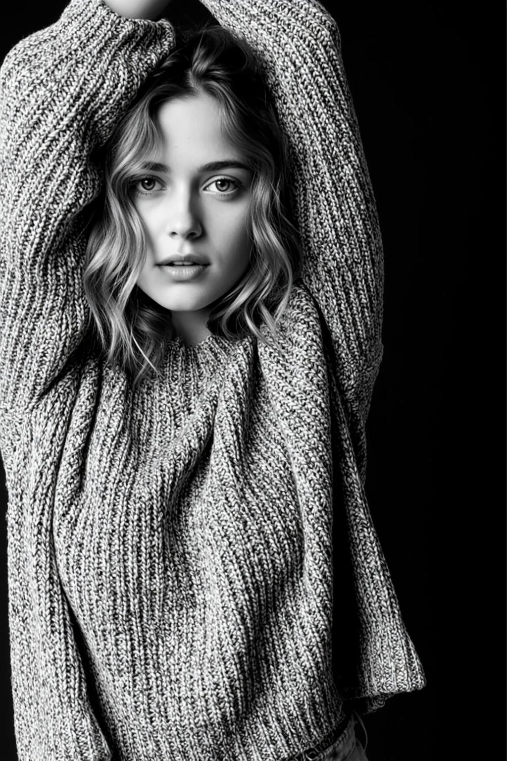 Photorealistic Black And White Portrait Young Woman With Wavy Medium-length