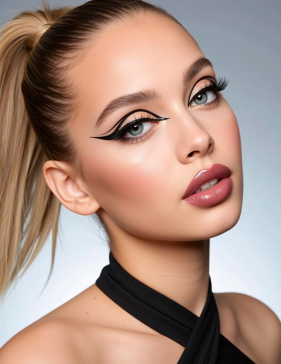 Photorealistic Portrait Young Woman With Striking Blue Eyes Her Head