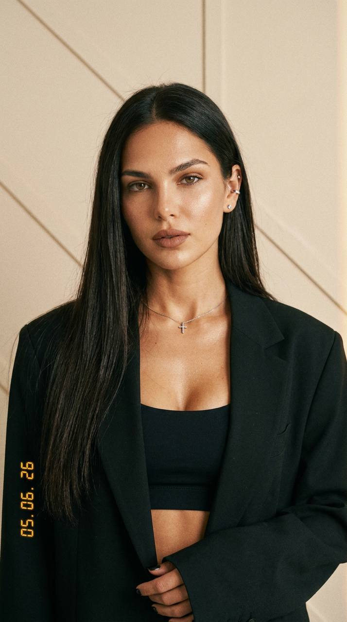 Black Crop Top Blazer Standing Facing Camera Soft Light