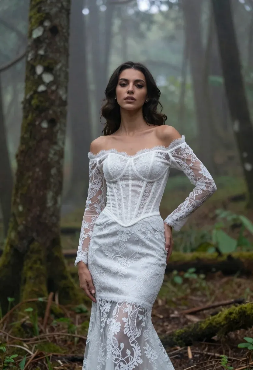 Woman Stands Misty Forest Wearing Elegant White Lace Gown Subject
