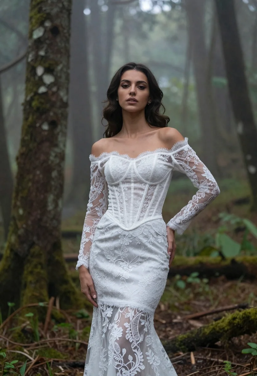 Woman Stands Misty Forest Wearing Elegant White Lace Gown Subject