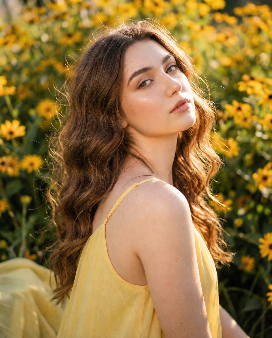 A young woman in a yellow dress gazing upward in a dreamy profile, surrounded by yellow flowers.