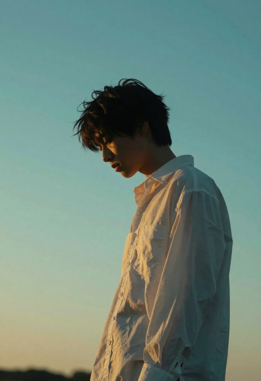 Solitary Figure With Short Dark Hair Stands Profile Against Gradient