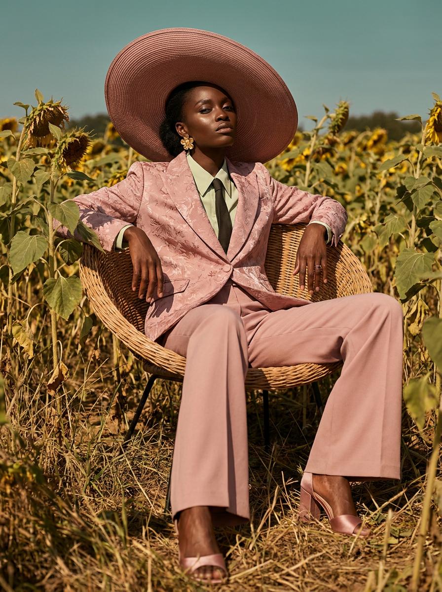 Luxury Garden Fashion Portrait Seated In Sunflower Field