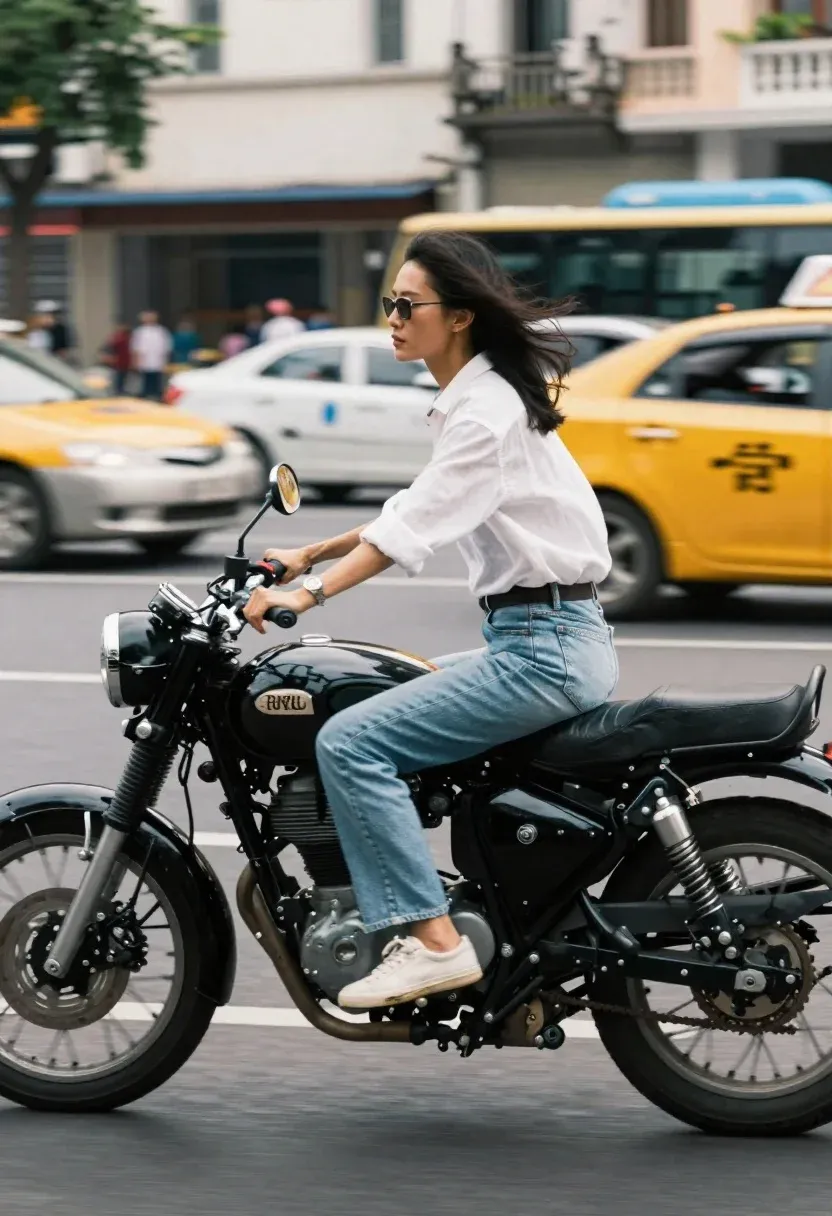 Woman Riding Black Royal Enfield Motorcycle Down Busy City Street
