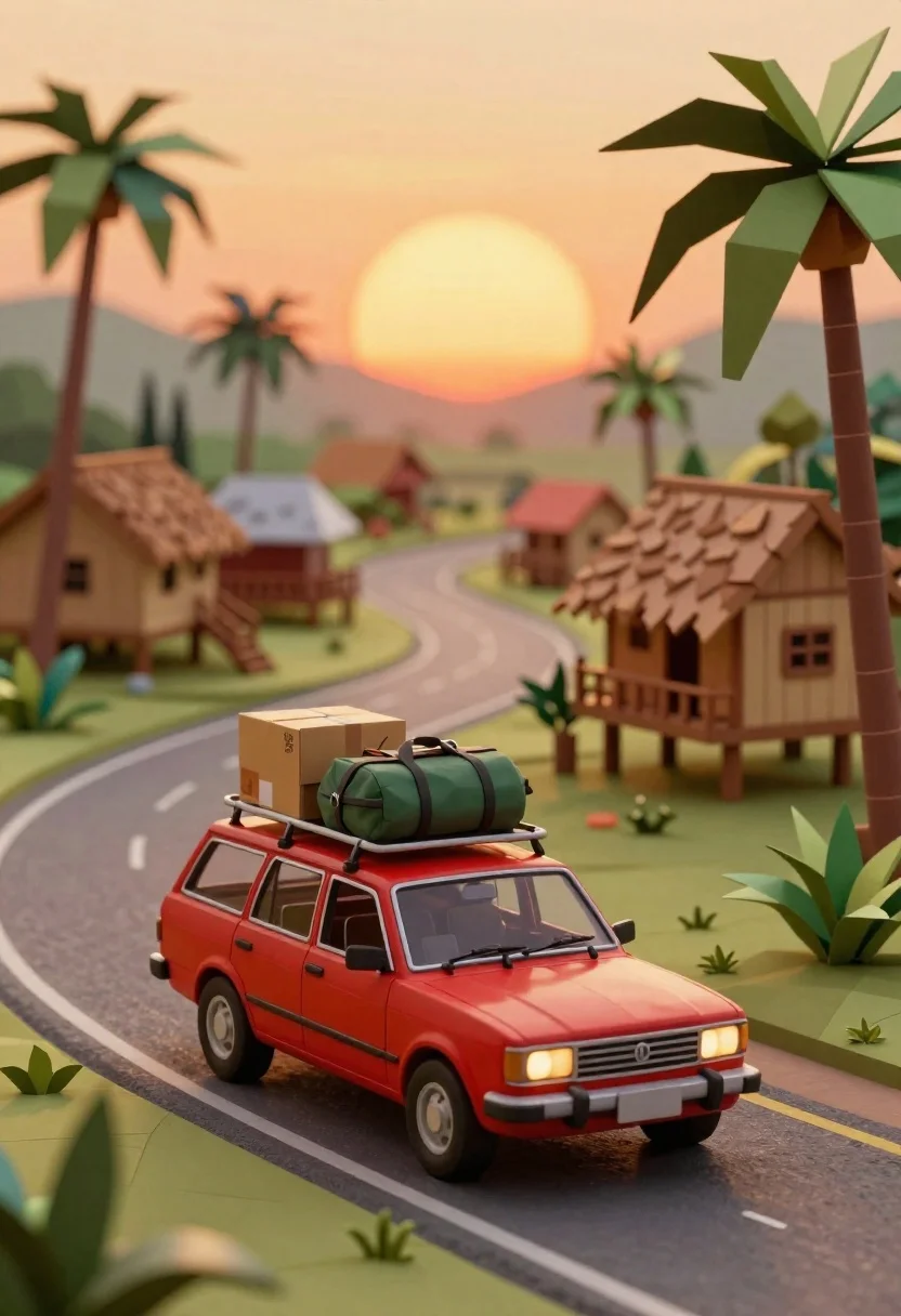 Red Station Wagon Loaded With Luggage Drives Along Winding Road