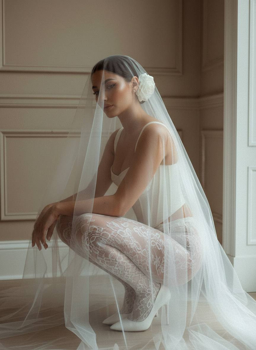 A bride squatting gracefully by a wall, wearing a corset dress, with a long translucent veil creating a dreamlike ambiance.