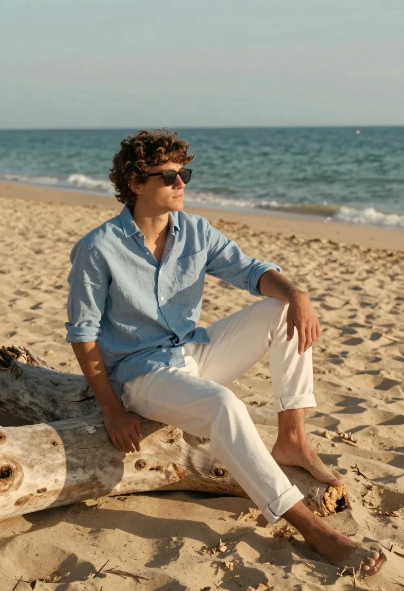Young Man Sits Relaxed Large Piece Weathered Driftwood Sandy Beach