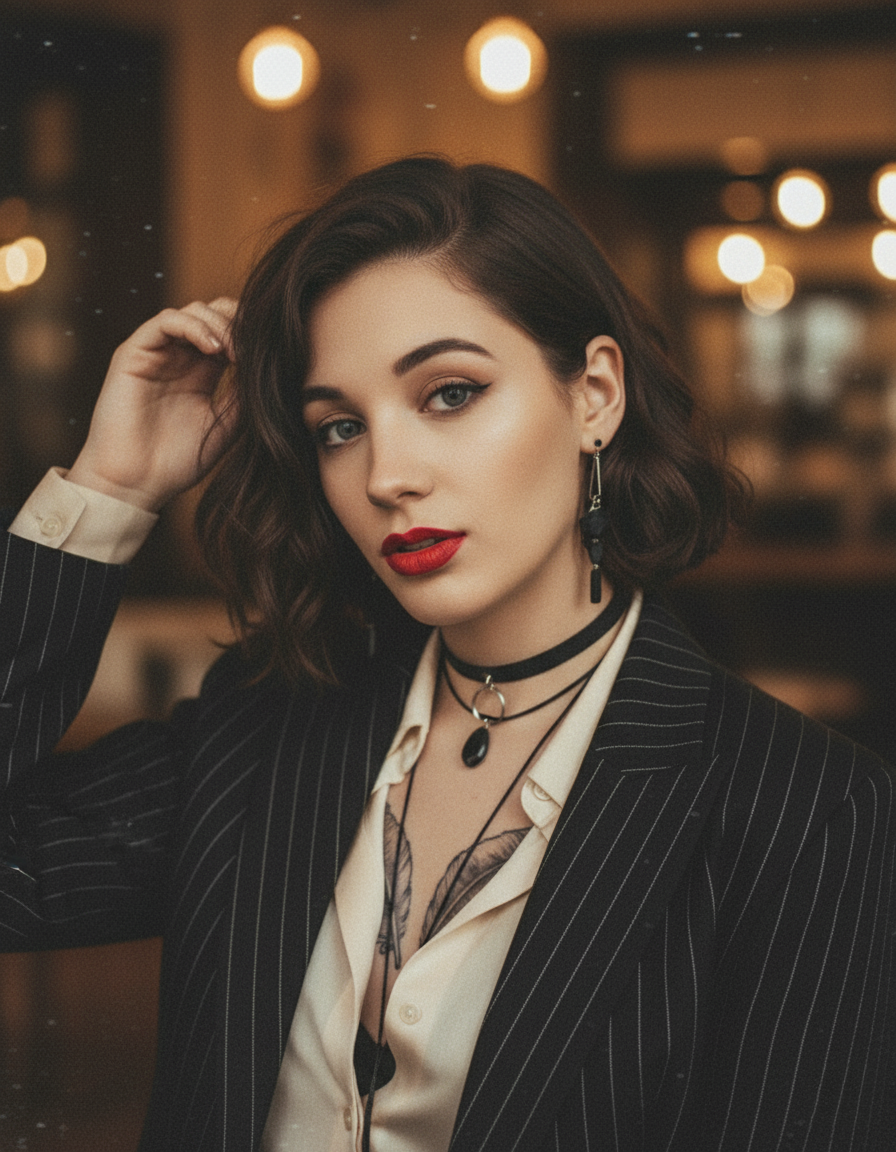 A striking 90s style portrait of a person with fair skin and dark wavy hair, wearing a black pinstriped blazer and showing elegant accessories.