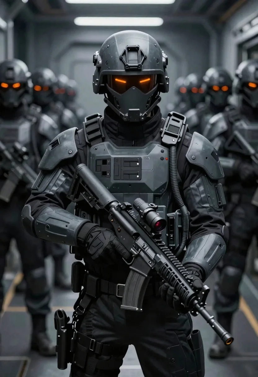 Digital Illustration Futuristic Soldier Heavy Tactical Gear Standing Alert Within reference photo