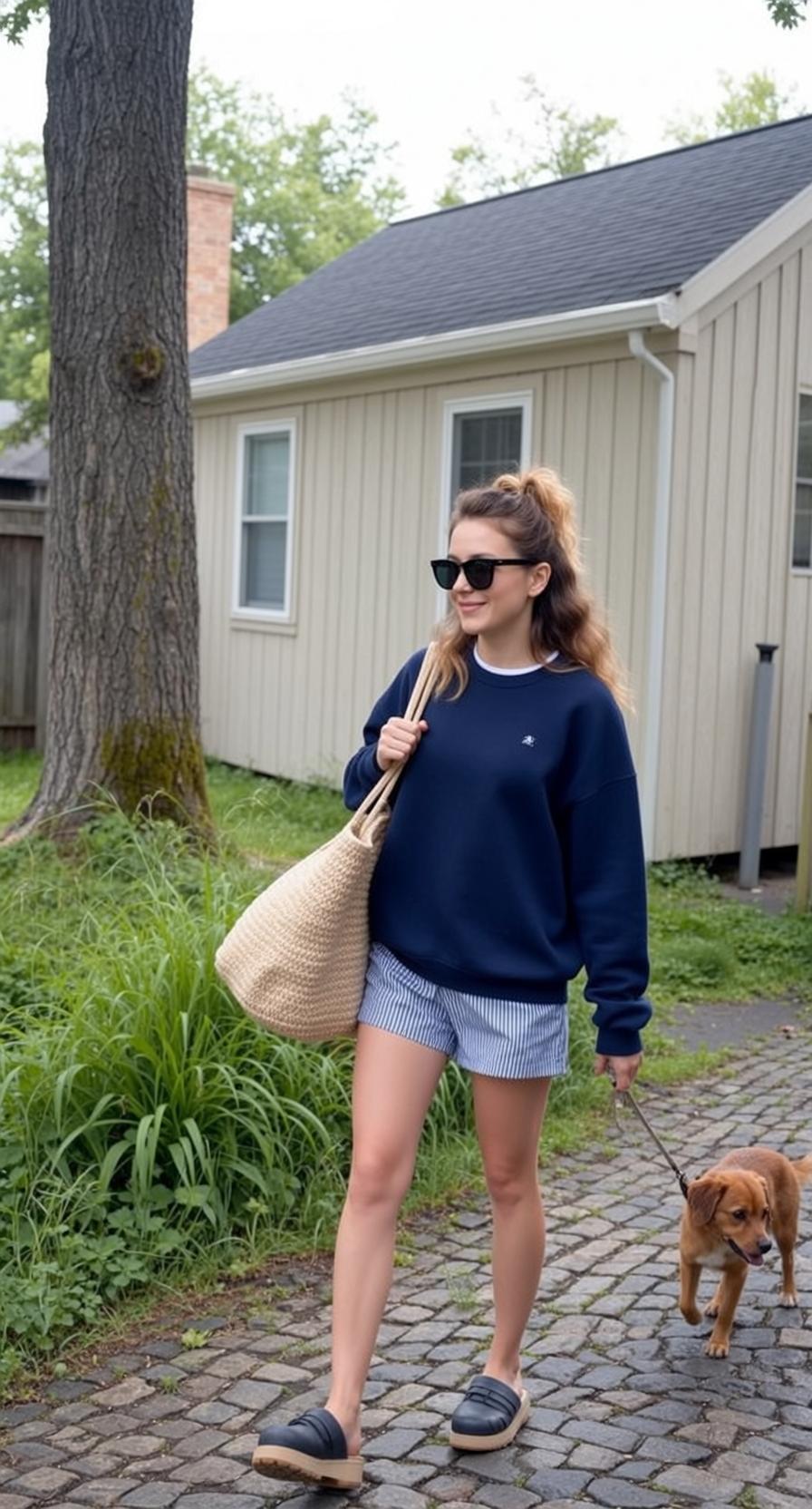 Walking Dog Suburban Street Candid