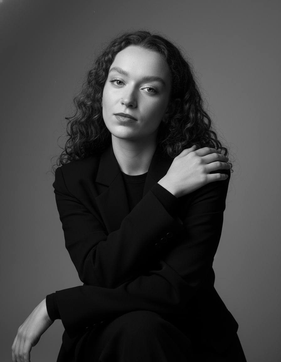 Black and white waist-up portrait of a person in a structured black blazer seated with a calm expression.