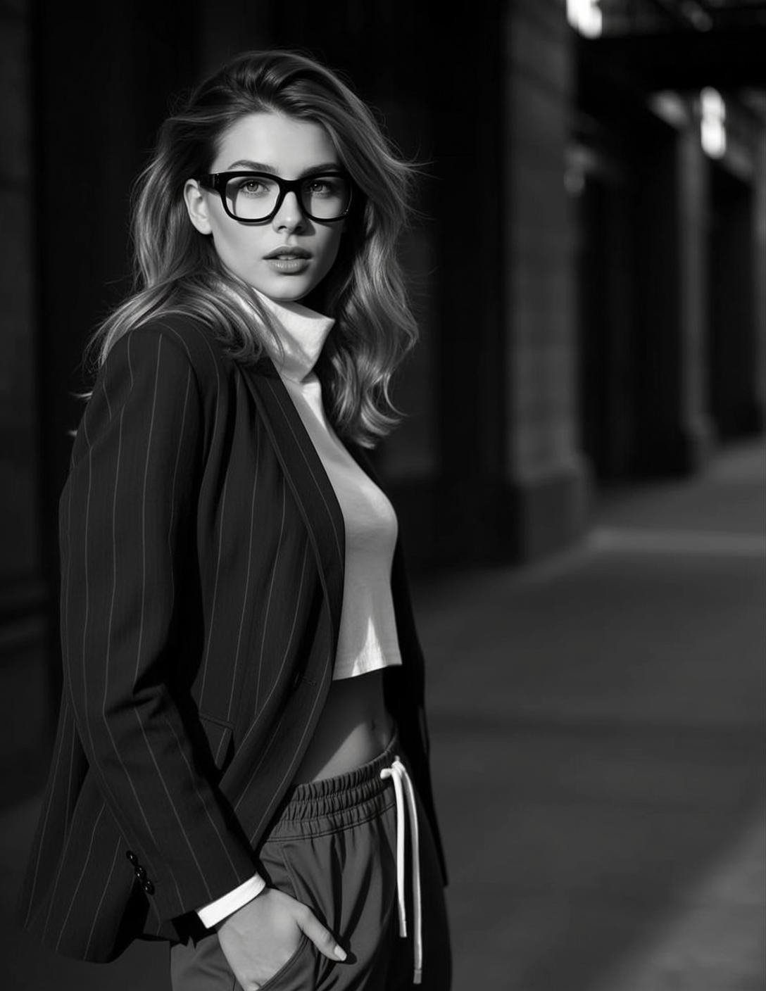 Pinstripe Blazer White Turtleneck Crop Outdoor Urban Setting Paved Ground