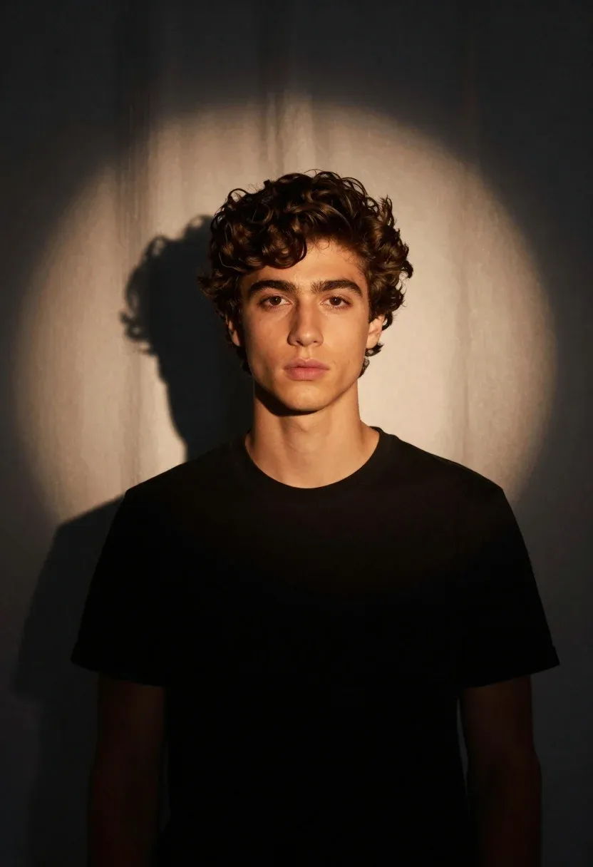Portrait Young Man With Wavy Brown Hair Standing Dark Studio