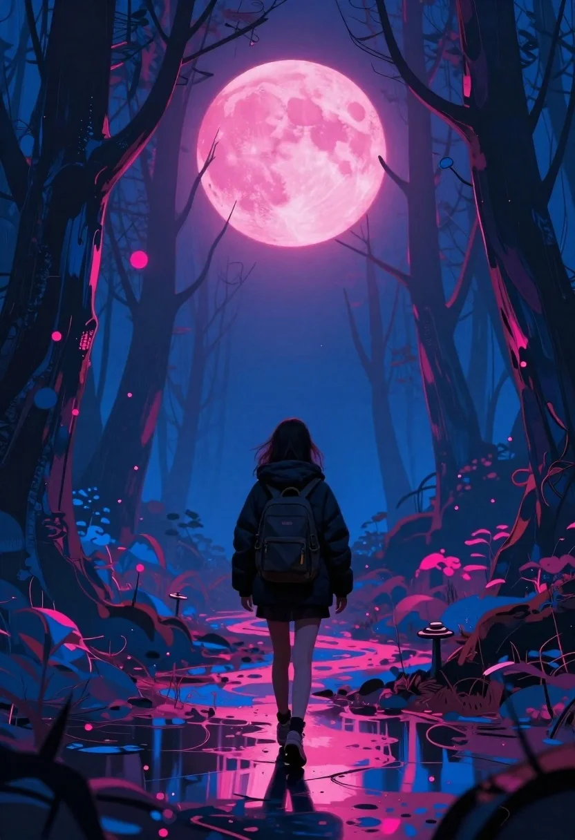 Digital Art Scene Lone Figure Walking Away Through Surreal Forest reference photo