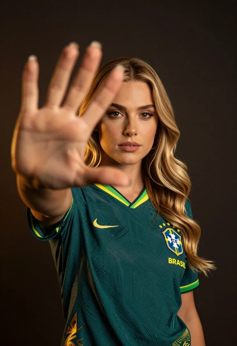 Woman With Long Wavy Blonde Hair Looks Directly The Camera