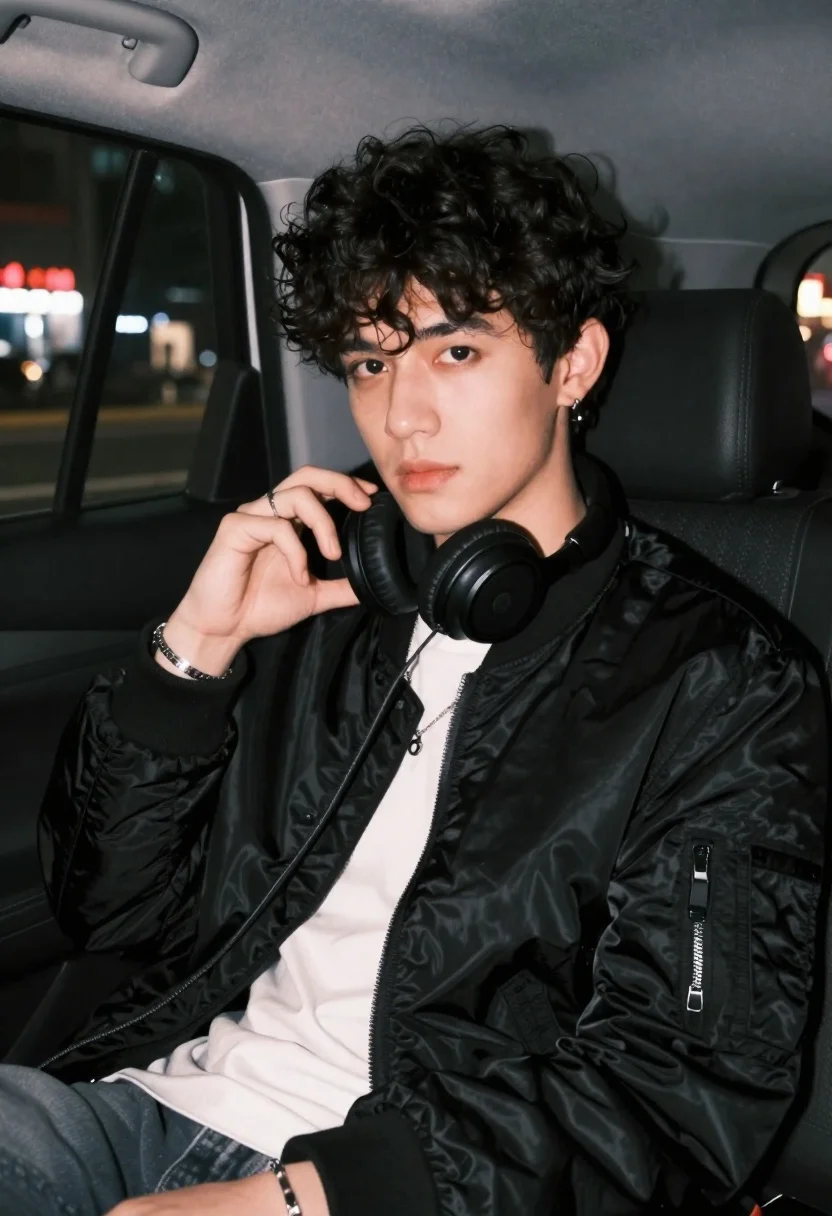 A close-up portrait of a young man with dark curly hair, sitting in the back seat of a car at night, holding black headphones.