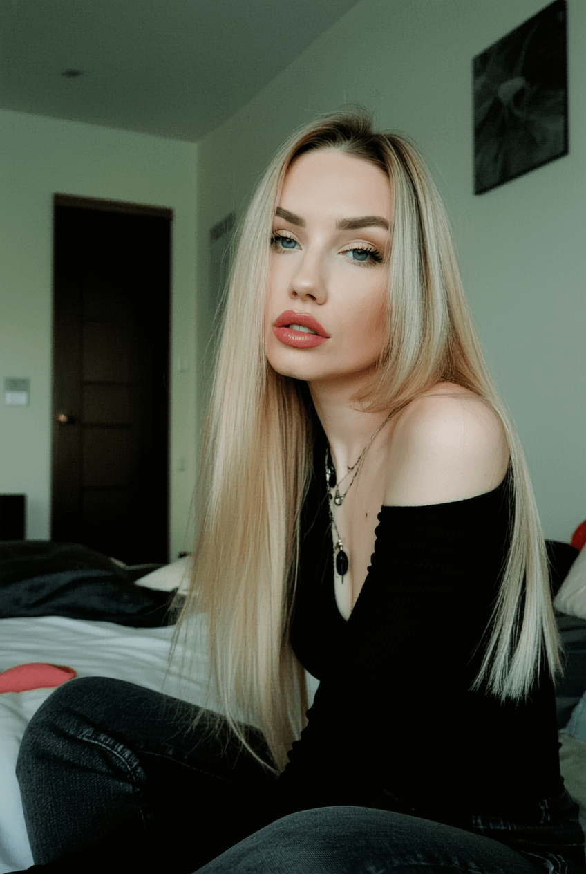 Platinum Hair Woman In Off Shoulder Top Bedroom