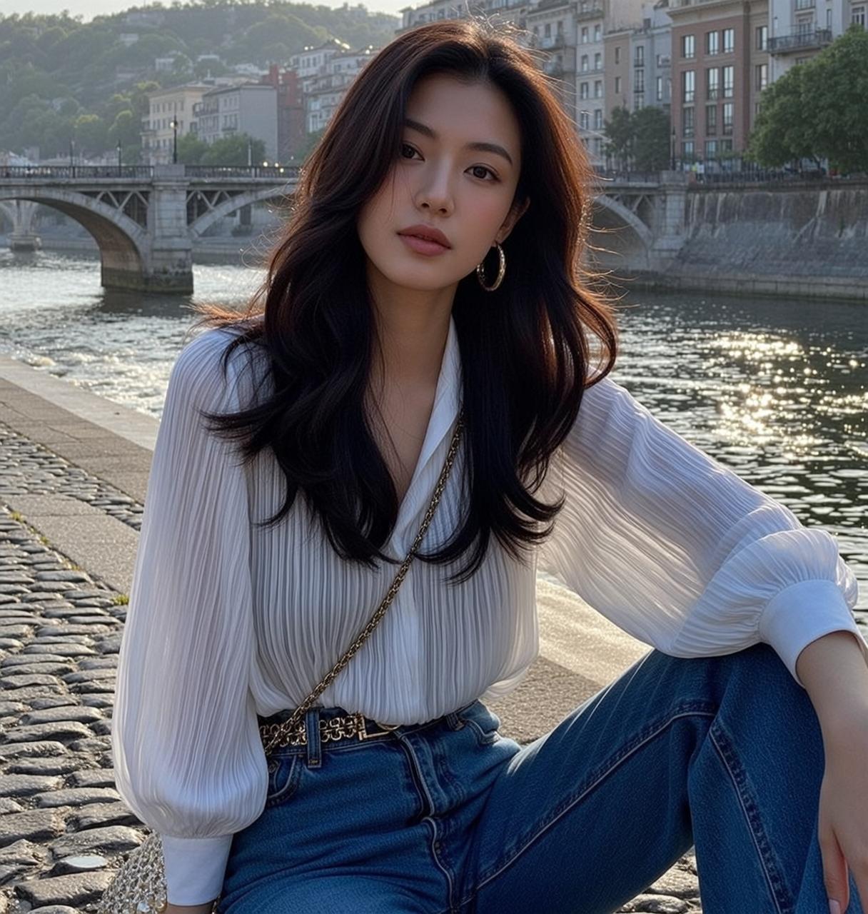Explore Seated Cobblestone Embankment Her Body Angled