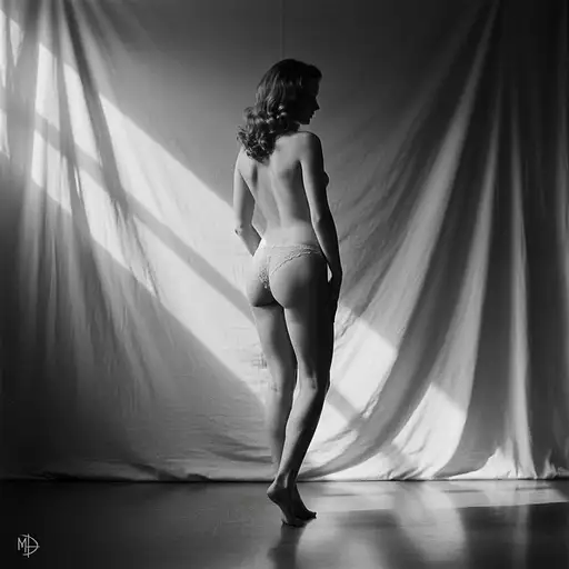 A beautiful skinny woman in a tanga string lace posing in soft natural light, showcasing intricate details and creative studio lighting.