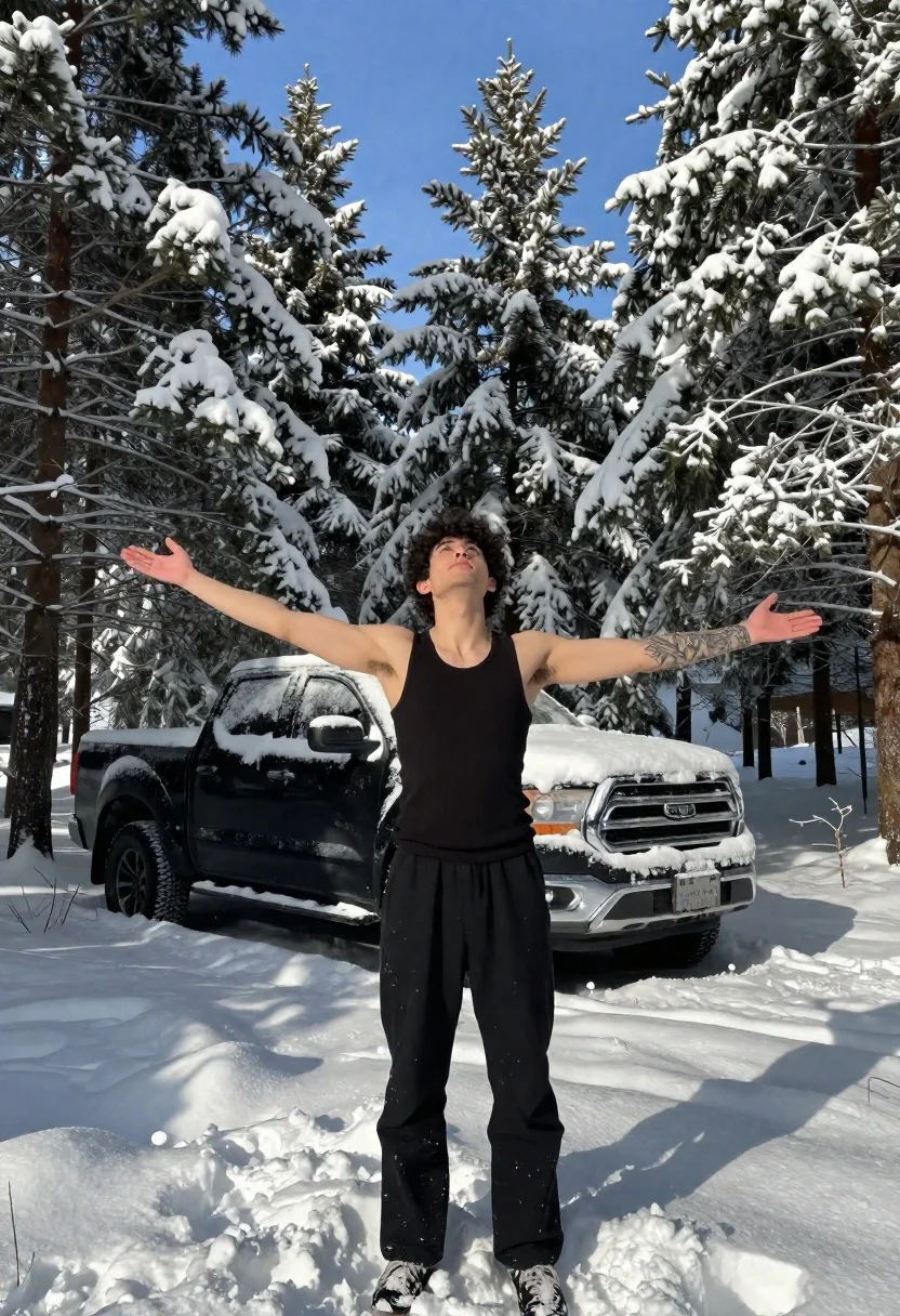 Young Man Stands Deep Snow With His Arms Outstretched And