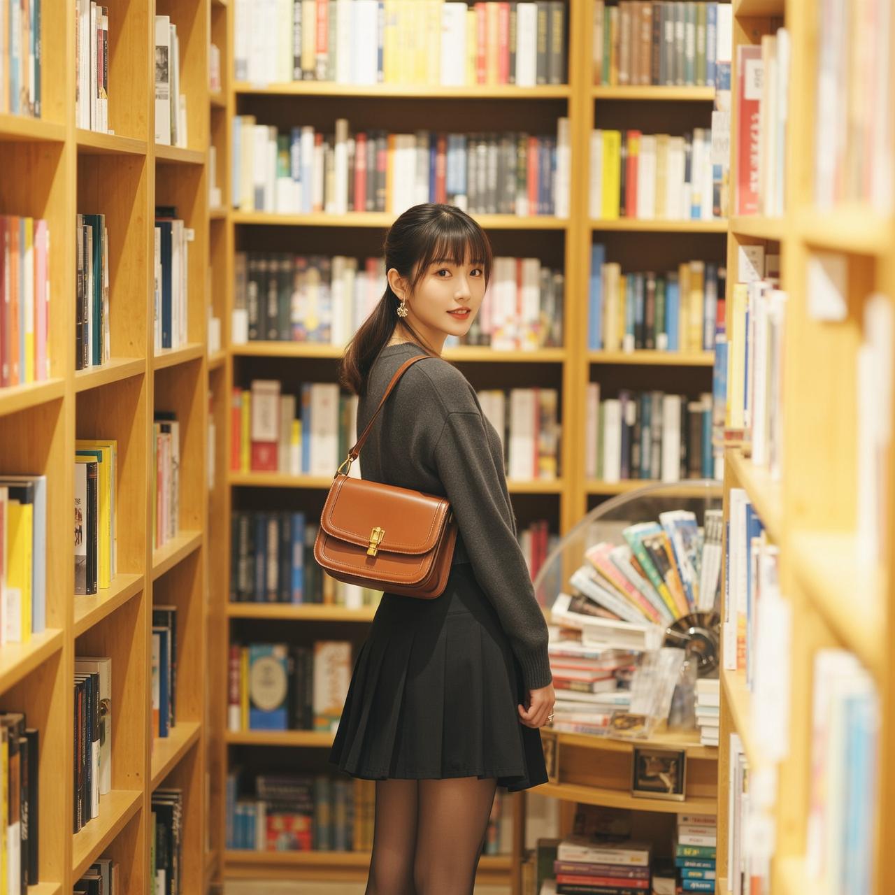 Woman Library Aisle Curious Look Over Shoulder