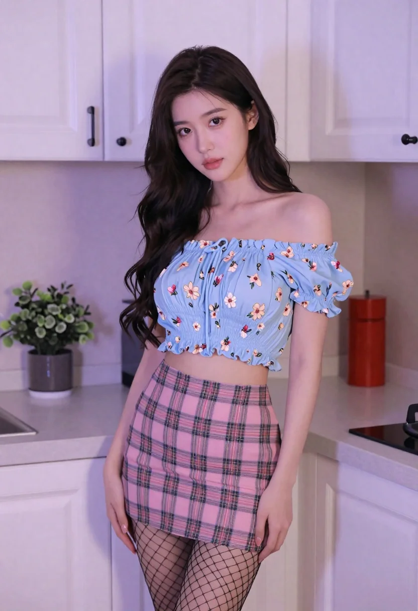 A young woman with long dark wavy hair stands in a brightly lit kitchen, wearing a light blue floral top and pink plaid mini skirt.